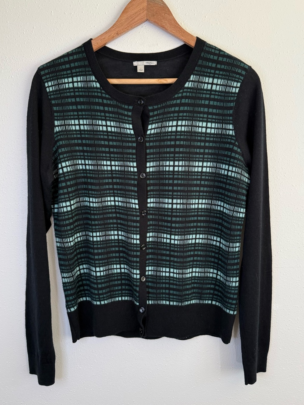Halogen Merino Wool Blend Cardigan Black Green Button Front Size L